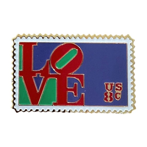 Vintage 1980s USPS Love Stamp Enamel Pin – Red Green Pop Art 8¢ Retro Winco - Picture 1 of 6